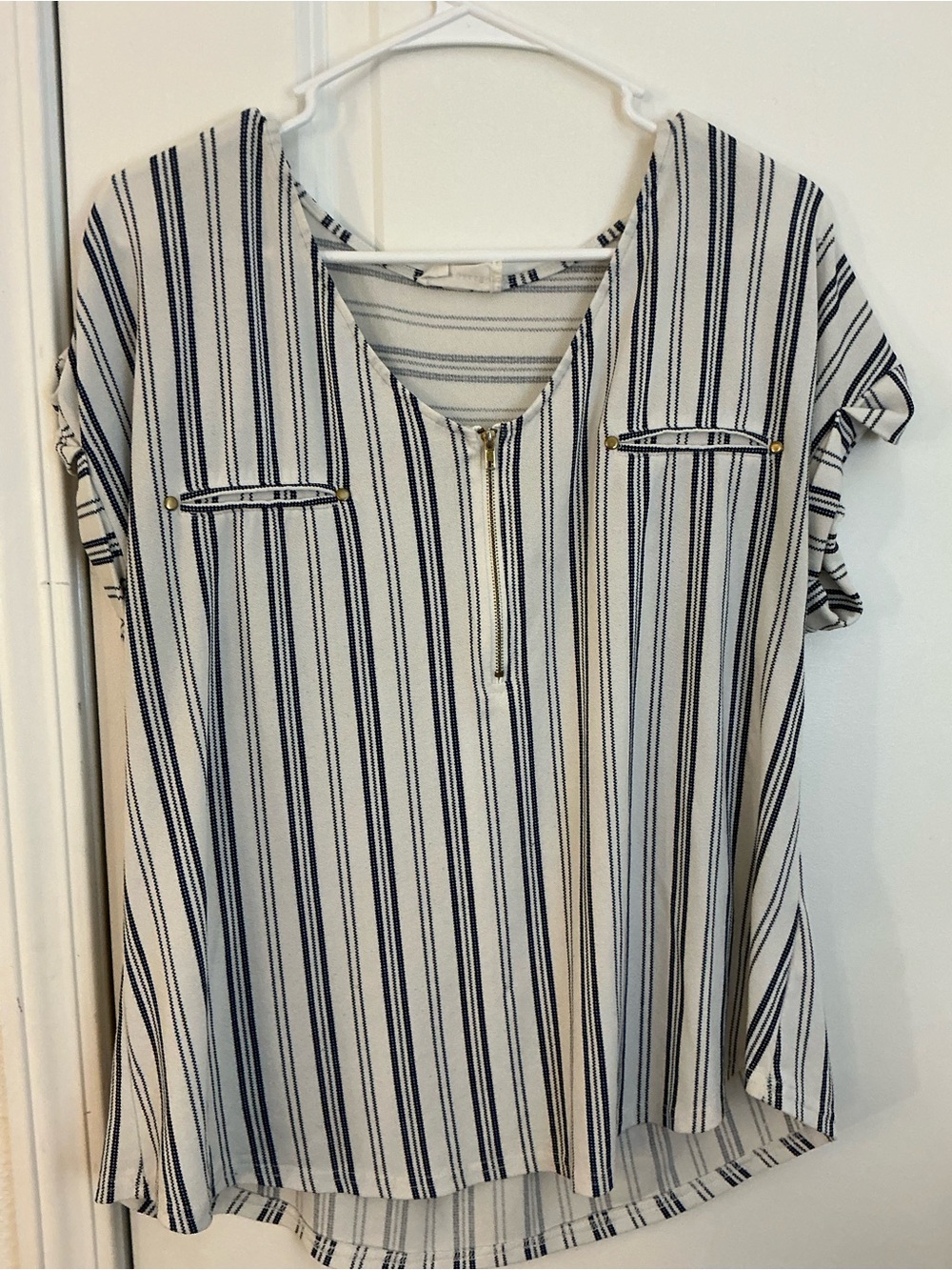 The Workshop Navy Zigzag Stripe Half Zip Short Sleeve Blouse Size XL